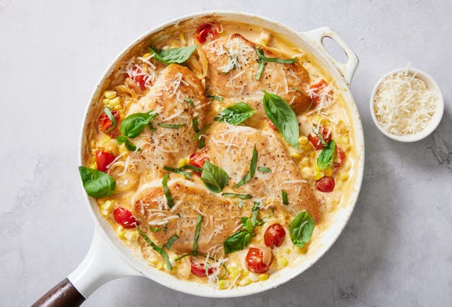 creamy basil chicken skillet with corn tomato