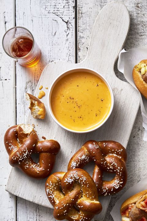 creamy beer cheese with soft pretzels on the side