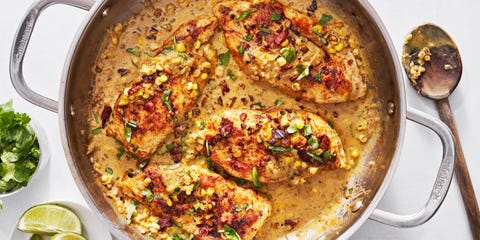 chicken breasts in a creamy sauce with corn and bacon