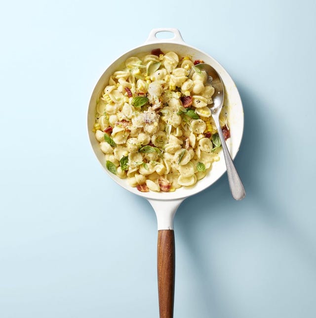 creamy corn pasta with bacon and scallions