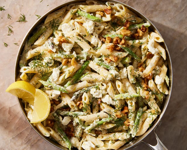 creamy feta lemon penne with asparagus