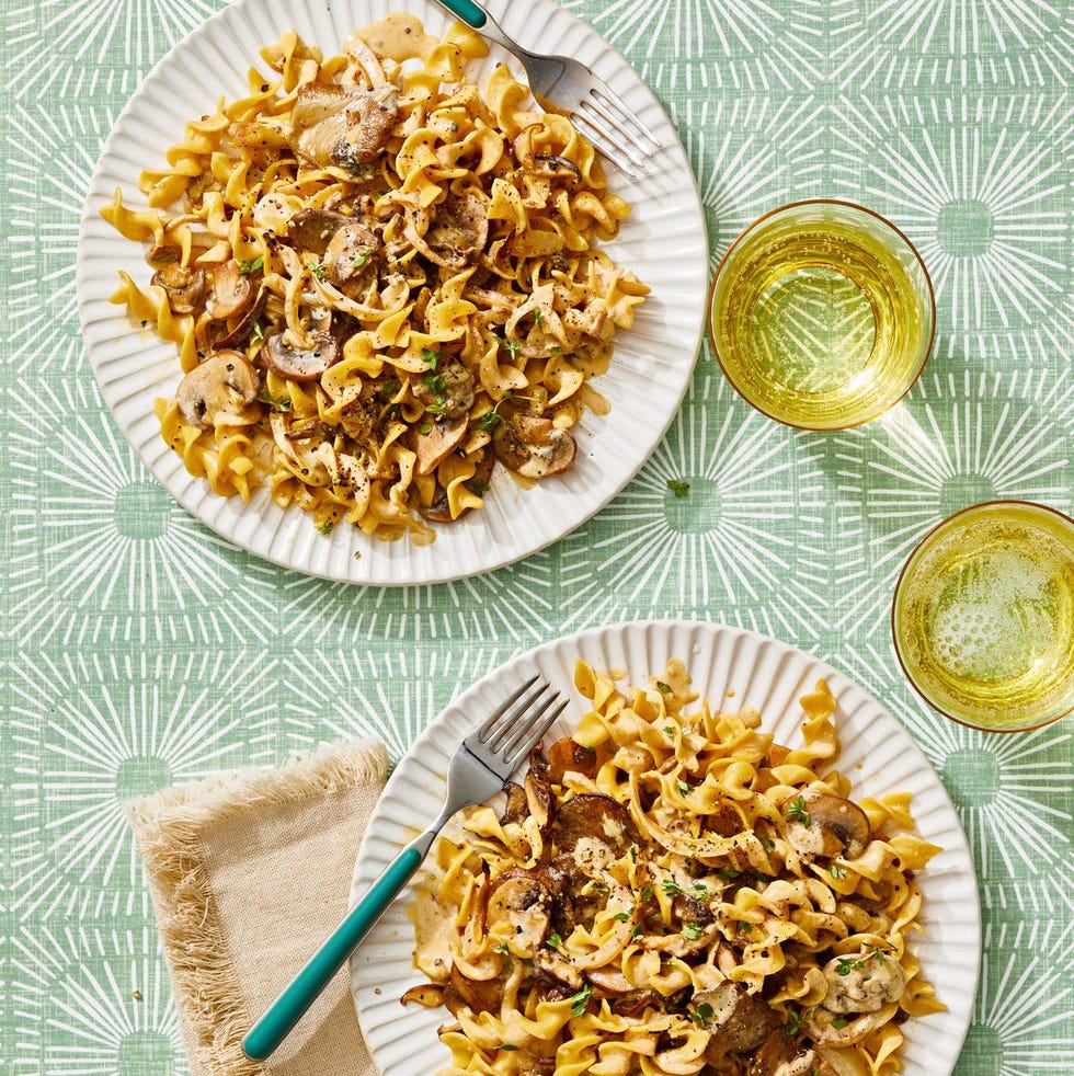 creamy mushroom stroganoff on a white plate