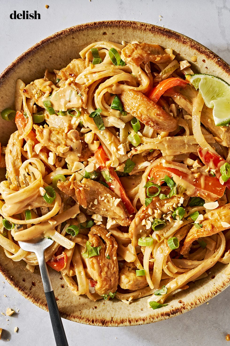 chicken with noodles and carrots in a creamy peanut lime sauce topped with peanuts