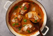 creamy pumpkin and parmesan chicken with linguine, topped with green onions