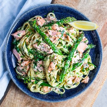 tequila tagliatelle with salmon, asparagus rocket