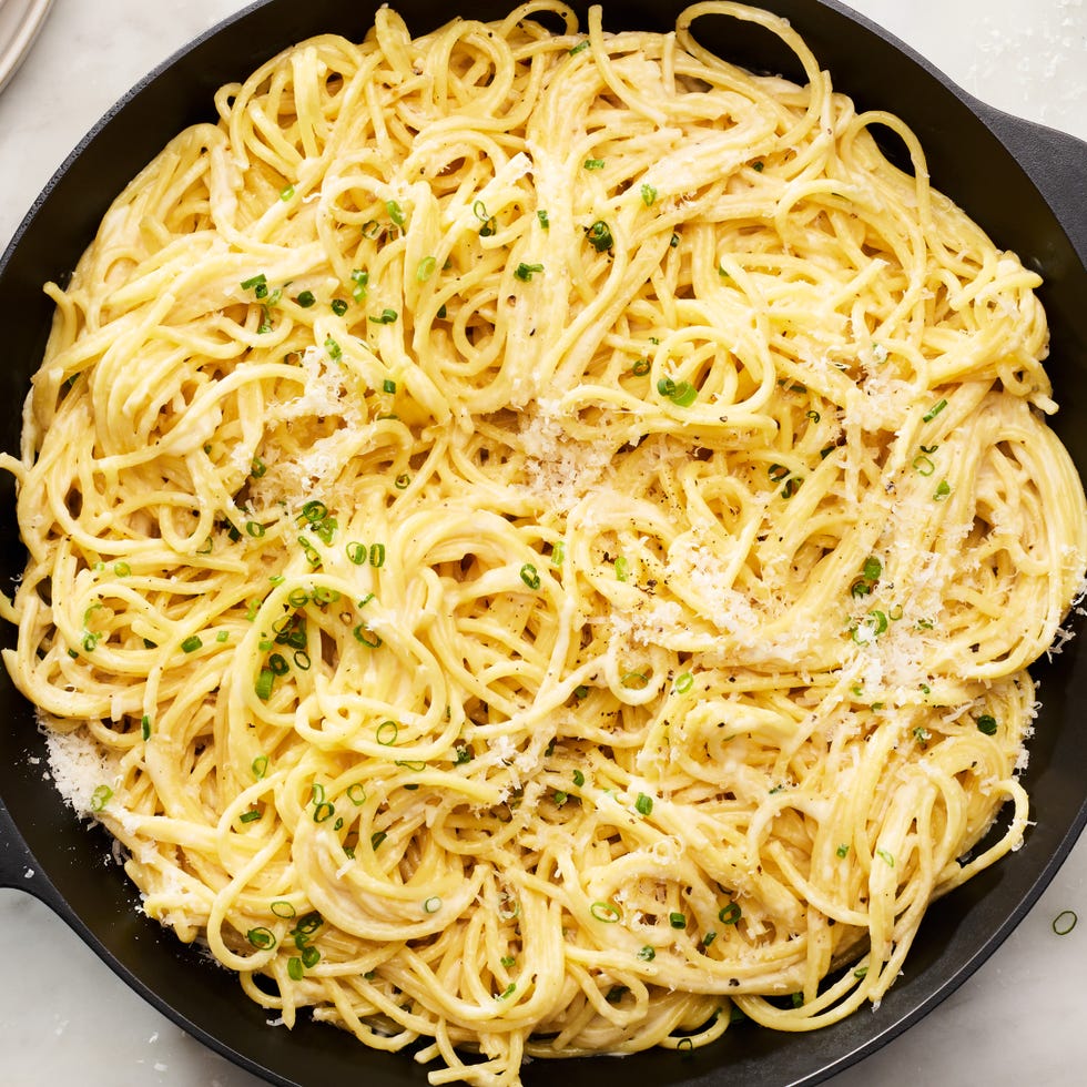 Creamy Three Cheese Spaghetti spaghetti in a creamy three cheese sauce
