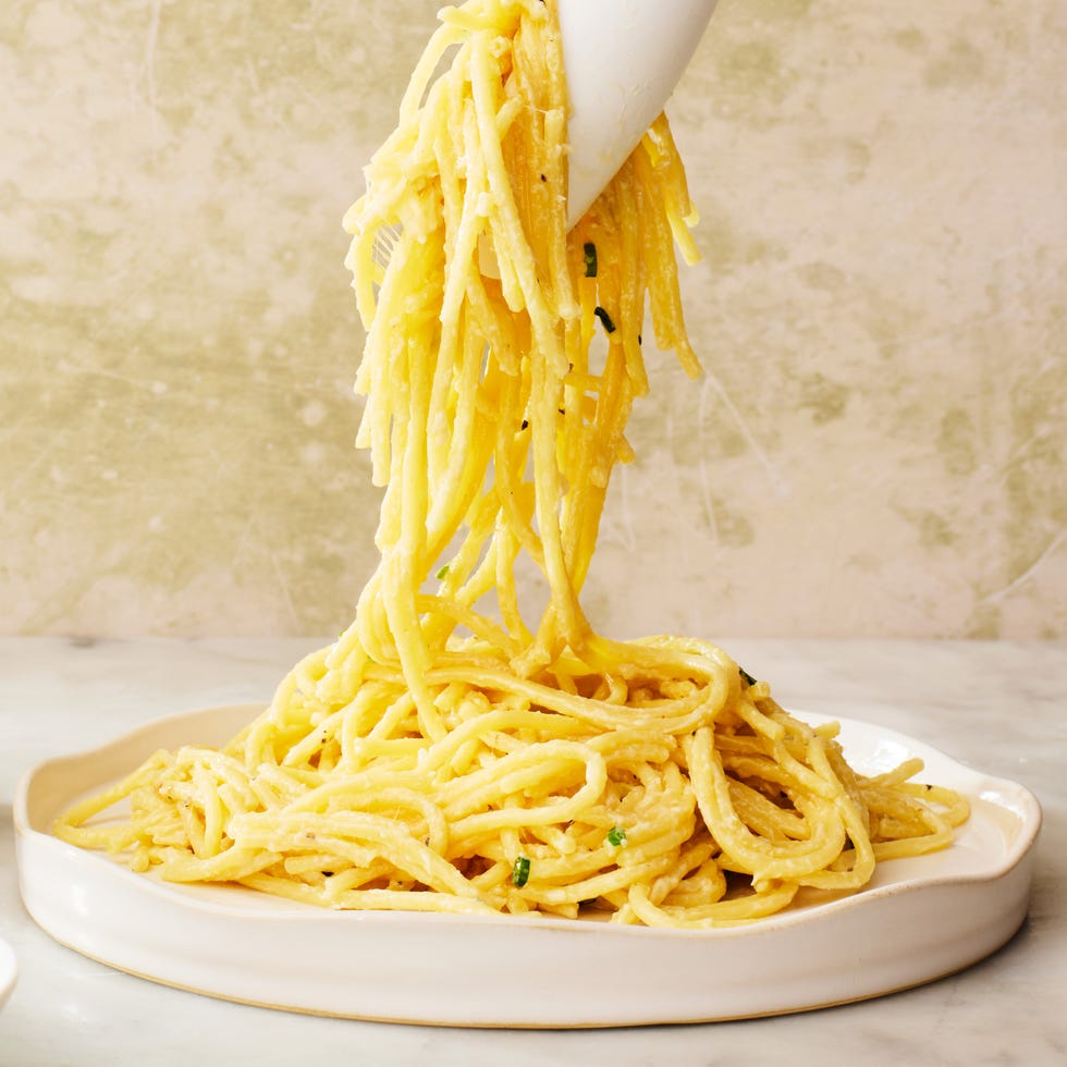spaghetti in a creamy three cheese sauce