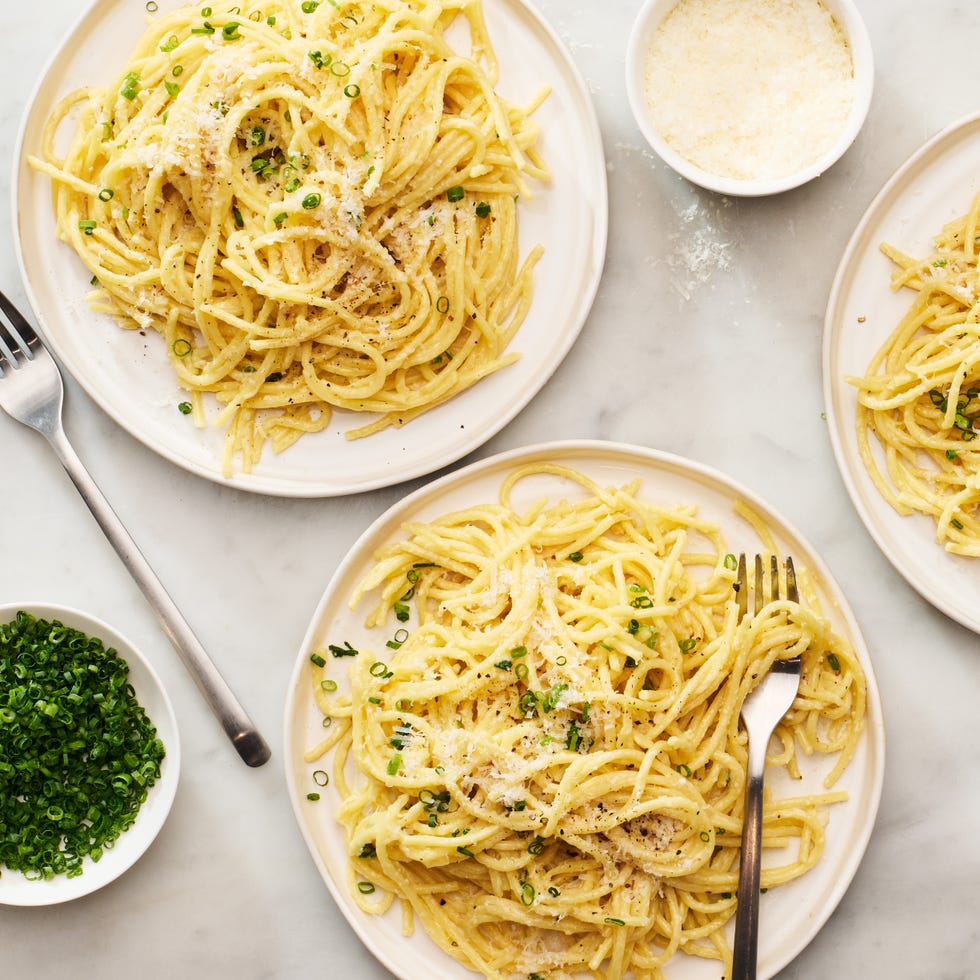spaghetti in a creamy three cheese sauce