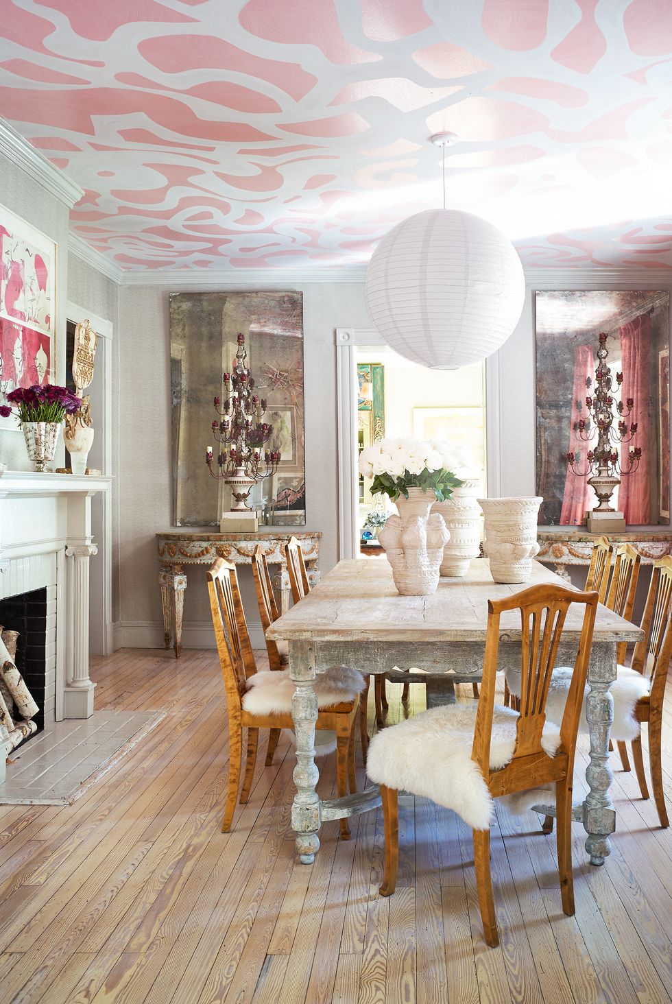 dining room with painted ceiling