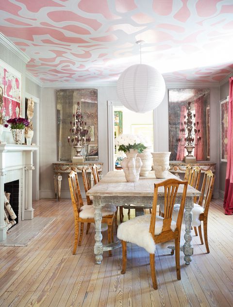 dining room with painted ceiling