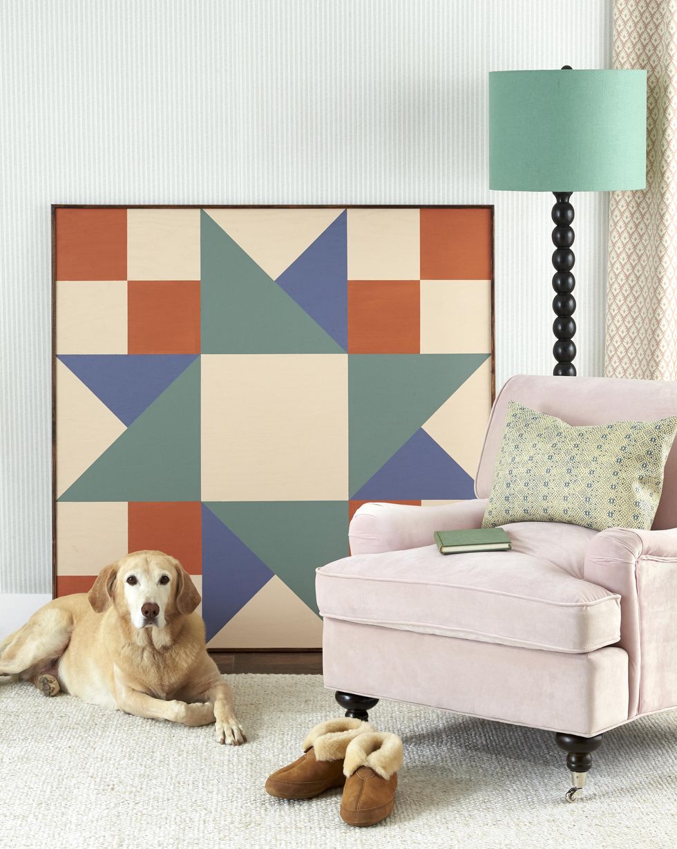 room with oversize quilt square painted on plywood wall art, diy