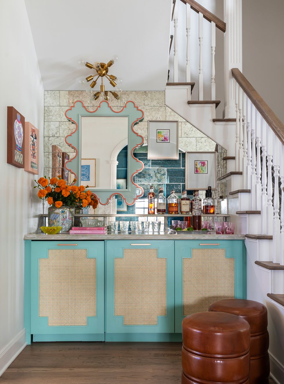 a kitchen with a blue cabinet