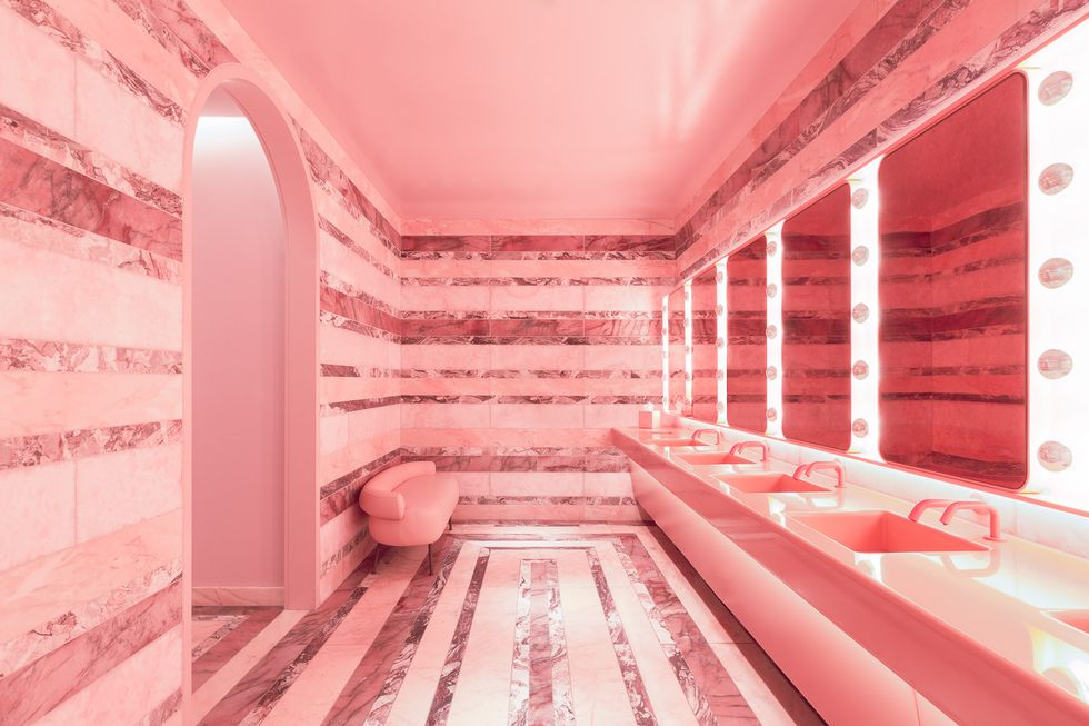 the all pink bathroom at the hermitage hotel in nashville, tennessee