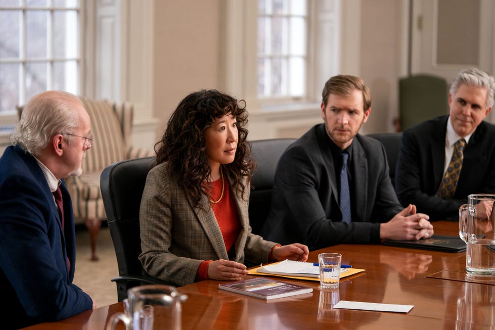 the chair l to r david morse as dean larson, sandra oh as ji yoon, cliff chamberlain as ronny, and ian lithgow as sandberg in episode 106 of the chair cr eliza morsenetflix © 2021