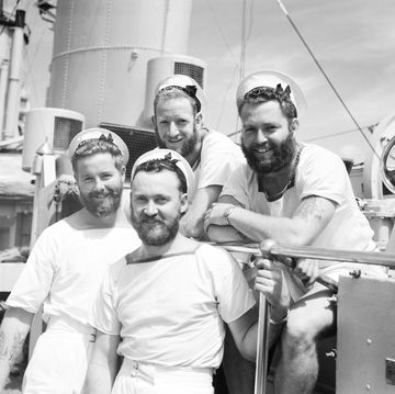 sailors aboard hmas battaan from left to right are ab ray harris from brisbane, lem colin baker from adeliade, ab harry stephenson from warrnambool, vic at back and ab len nolan from brisbane hmas battan took part in the korean war, published 22 august 1950 photo by alan lambertthe agefairfax media via getty images via getty images