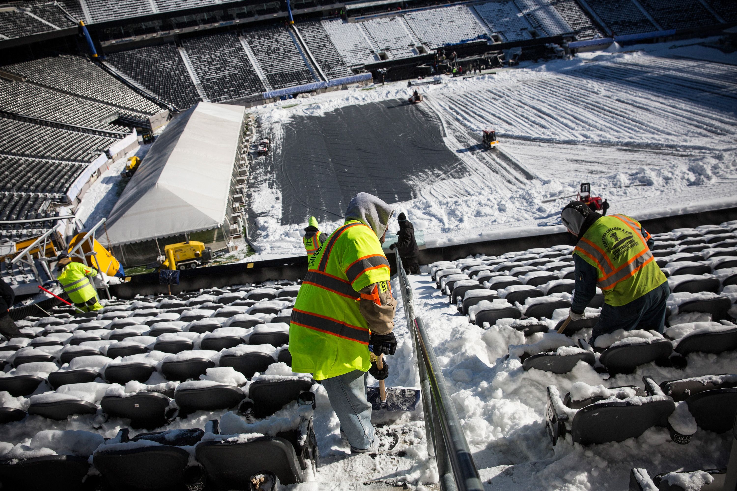 The MetLife Stadium field crew had a busy day shoveling snow at