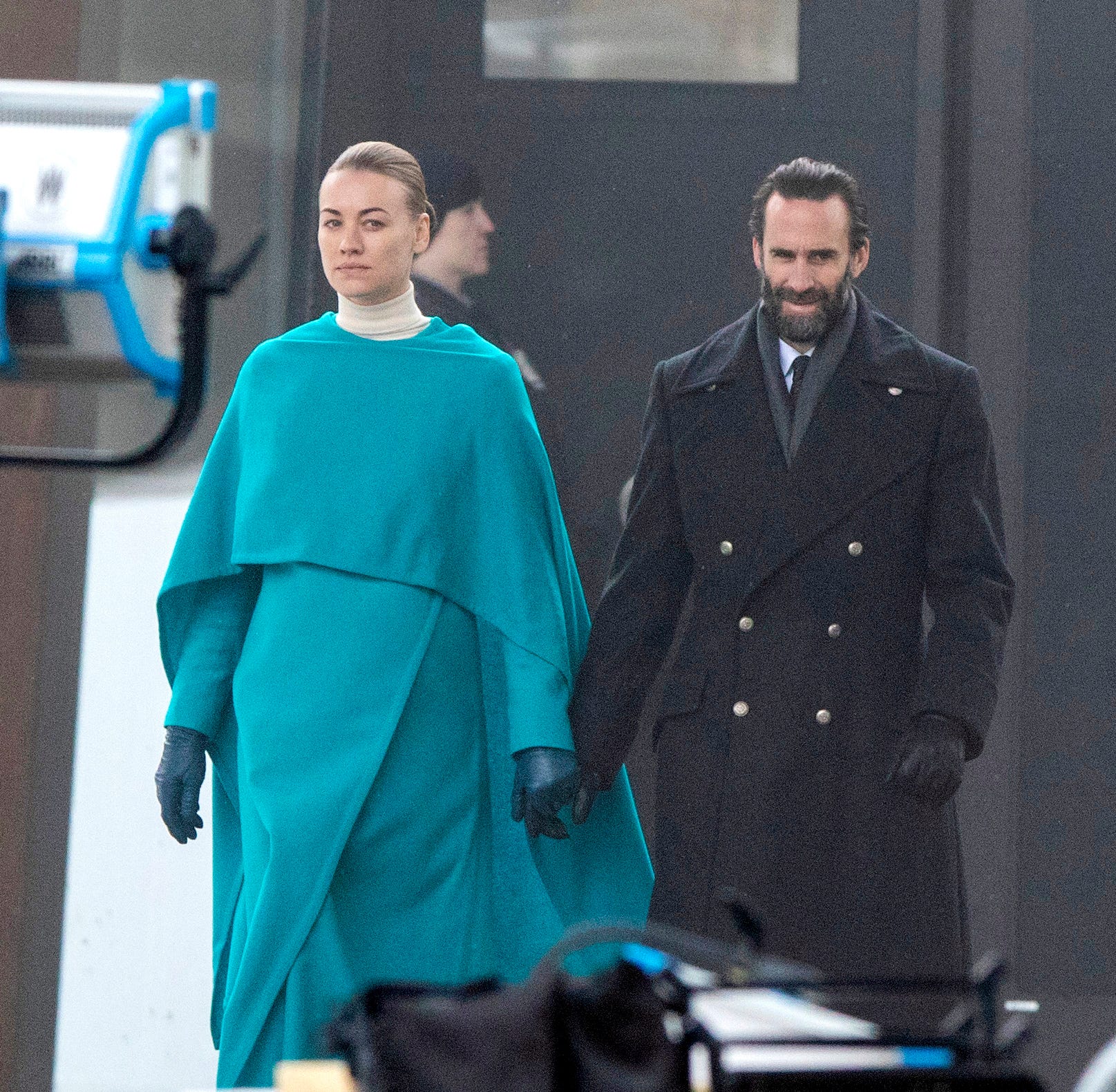 yvonne strahovski and joseph fiennes film outdoor scenes for 'handmaid's tale' in toronto, canada