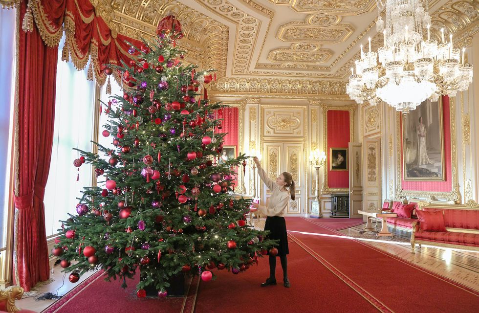 windsor, england november 25 a general view of a 15 foot high christmas tree in the crimson drawing room at windsor castle on november 25, 2021 in windsor, england the decorations can be seen from 25 november 2021 to 3 january 2022 photo by chris jacksongetty images