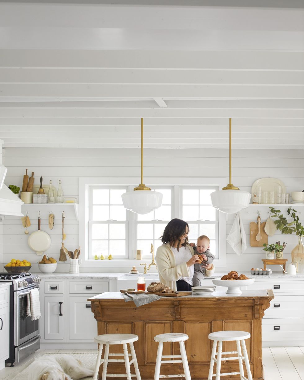 crisp white kitchen cabinets - vintage pine island