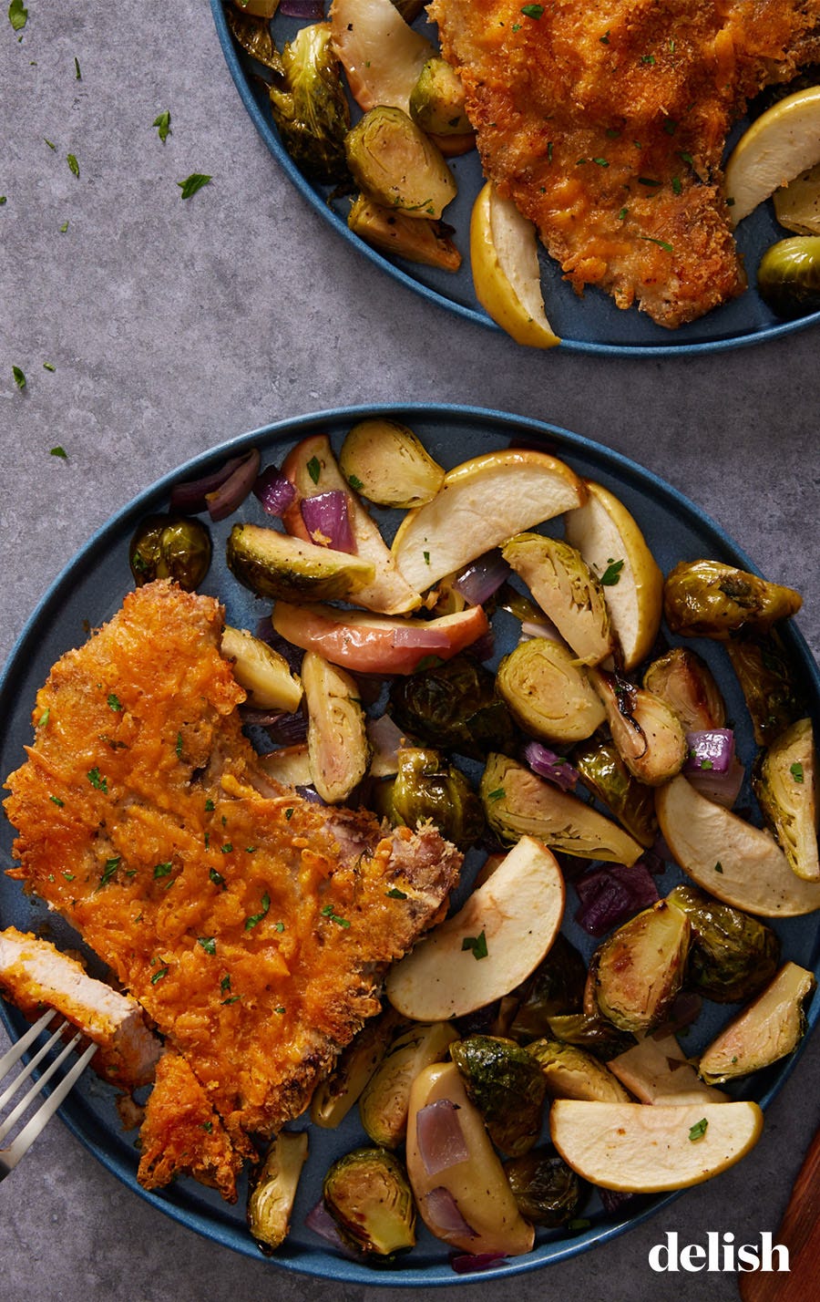 crispy cheddar pork chops with brussels and apples