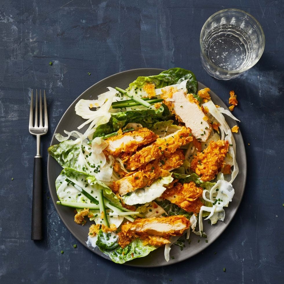 crispy chicken salad on a green salad