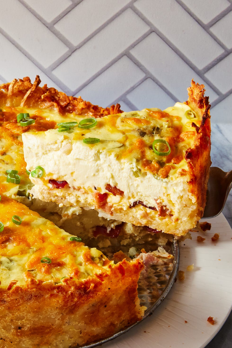 Crispy Hash Brown Crusted Bacon & Cheddar Quiche crispy hash brown crusted bacon cheddar quiche sprinkled with chives