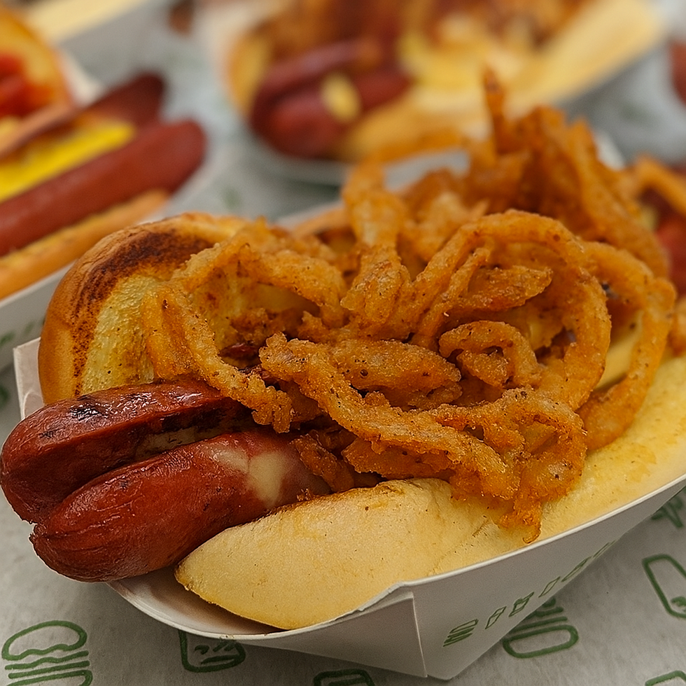 hot dog topped with crispy onion rings and melted cheese in a bun