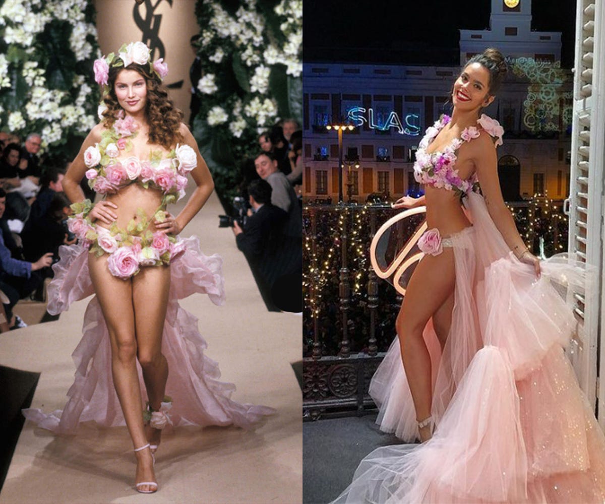 cristina pedroche en las campanadas de 2018, con un vestido bikini firmado por tot hom, parecido a uno de 1999 de yves saint laurent