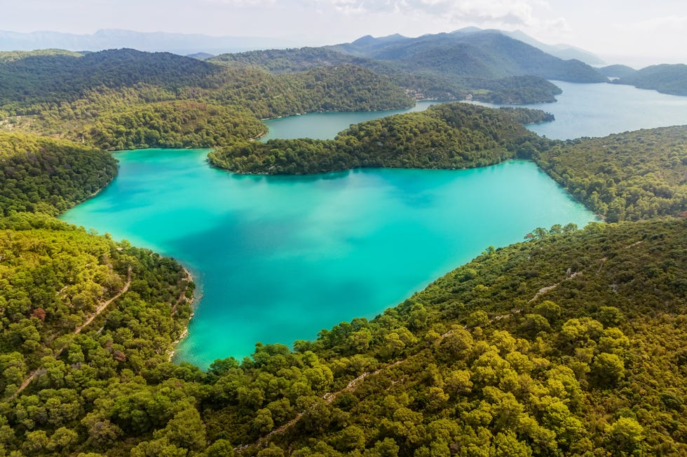 aerial helicopter shoot of national park on island mljet, dubrovnik archipelago, croatia the oldest pine forest in europe preserved