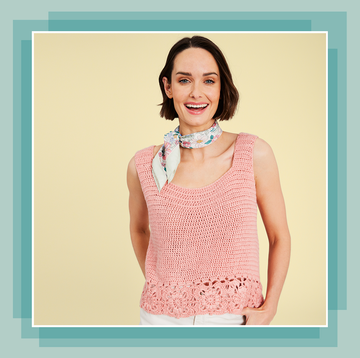 model wearing pink crochet top