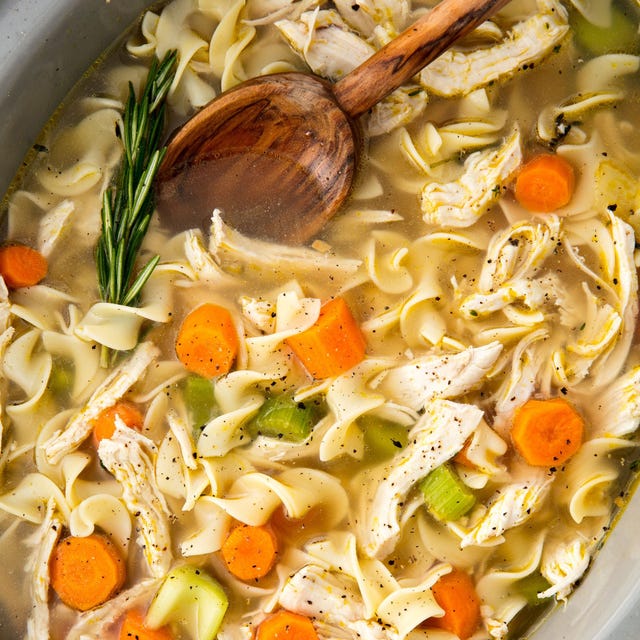 chicken noodle soup in a crockpot