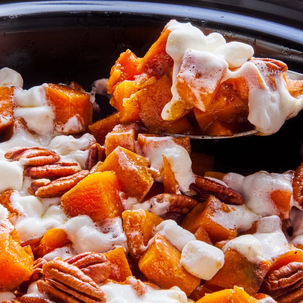 sweet potato casserole with marshmallows in a crockpot