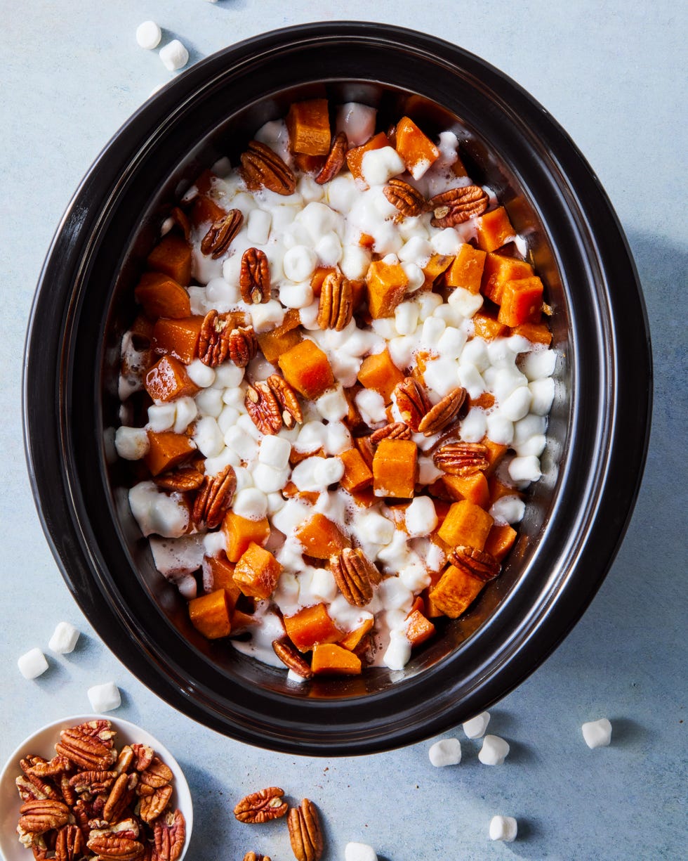 sweet potato casserole with marshmallows in a crockpot