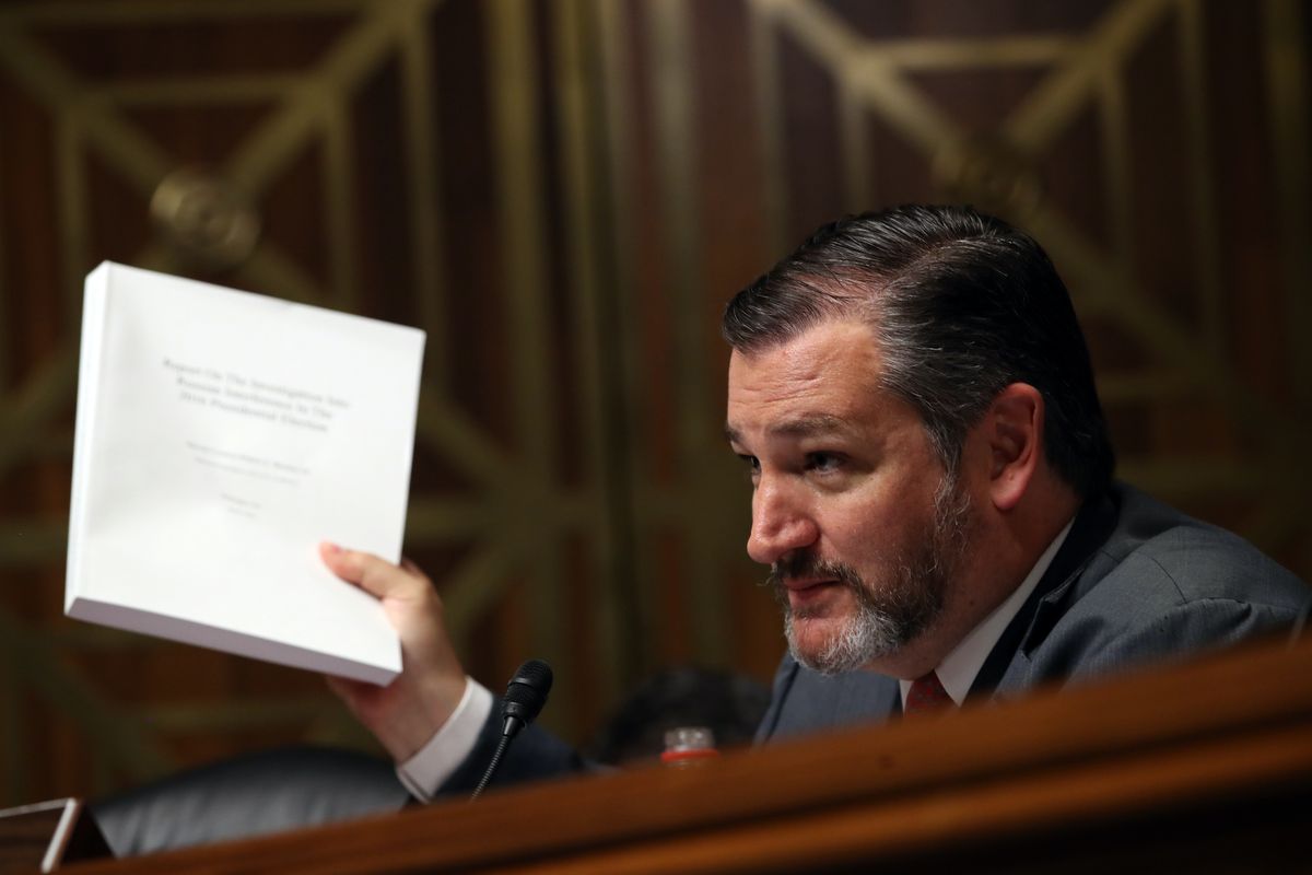 washington, dc   may 1 sen ted cruz r tx holds the mueller report while asking the us attorney general william barr questions during the senate judiciary committee hearing may 1, 2019 in washington, dc barr testified on the justice department's investigation of russian interference with the 2016 presidential election photo by win mcnameegetty images