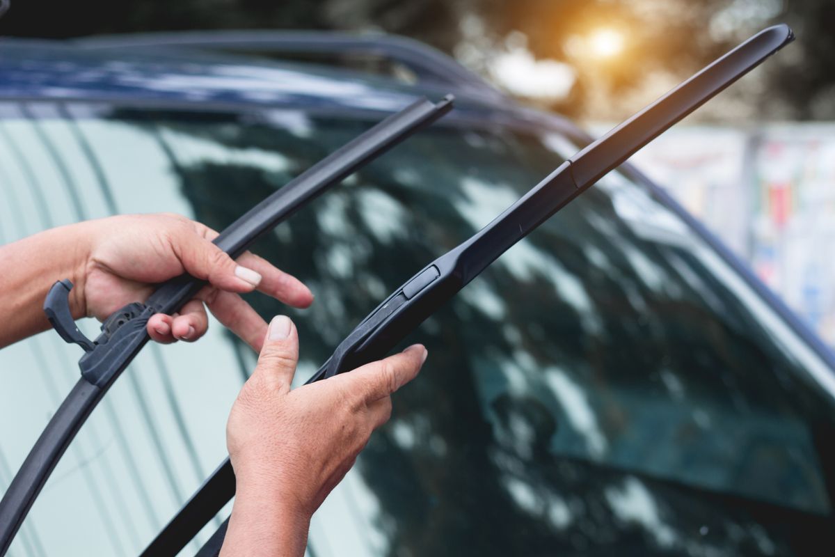 cropped hands holding windshield wiper