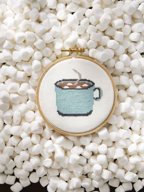 cross stitch pattern of a mug of hot chocolate with marshmallows