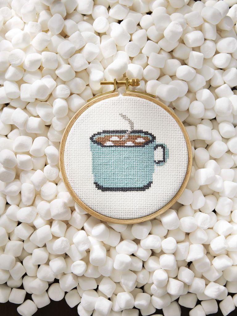 cross stitch mug of cocoa