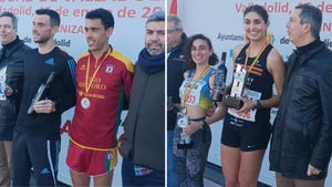 javi guerra y laura luengo reciben los premios por ganar el cross de valladolid