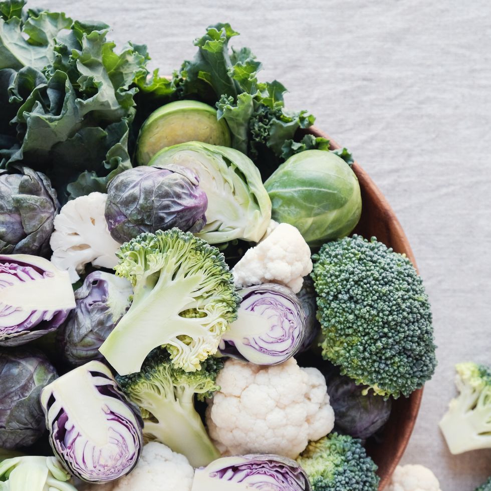 cruciferous vegetables, cauliflower,broccoli, brussels sprouts, kale in wooden bowl, reducing estrogen dominance, ketogenic diet