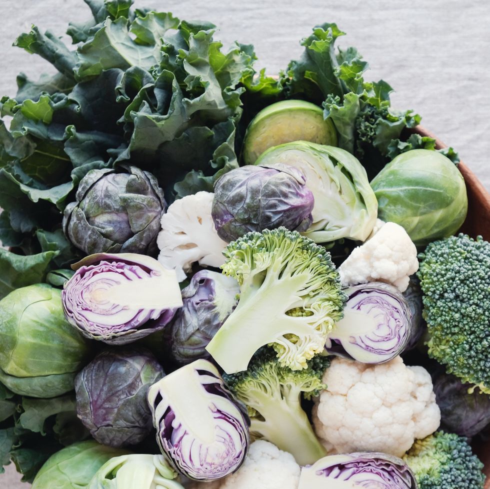 cruciferous vegetables, cauliflower,broccoli, brussels sprouts, kale in wooden bowl, reducing estrogen dominance, ketogenic diet