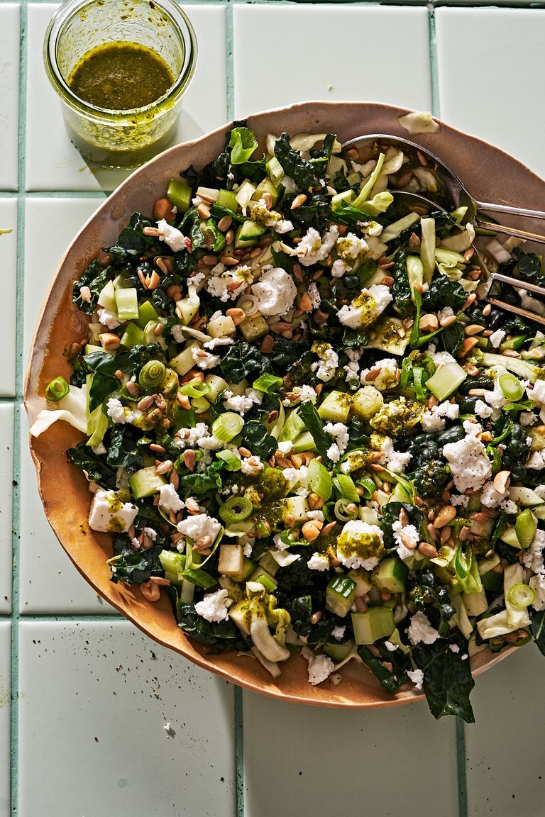 crunch salad filled with kale, apple, cucumber, celery and nuts