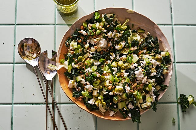 crunch salad filled with kale, apple, cucumber, celery and nuts