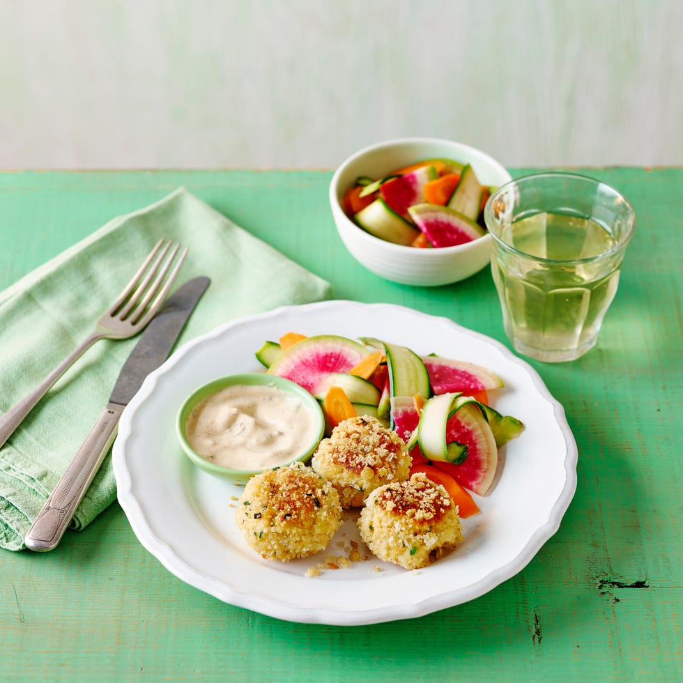 crunchy crab cakes with pickled veg april recipe