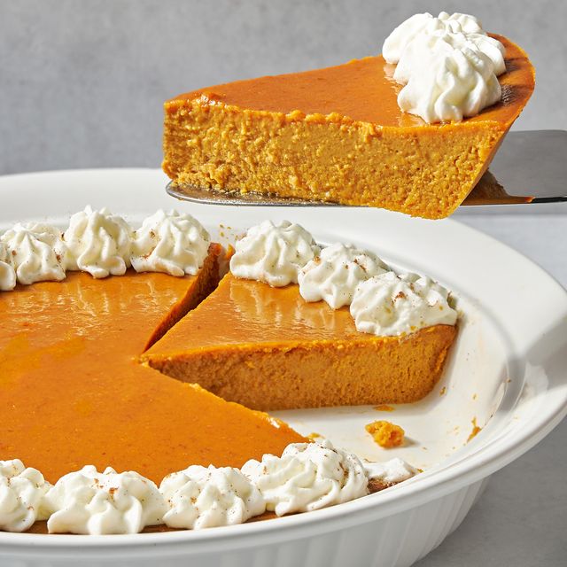crustless pumpkin pie piped with whipped cream