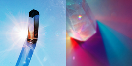 two crystals are shown on colorful backgrounds