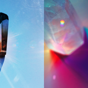 two crystals are shown on colorful backgrounds