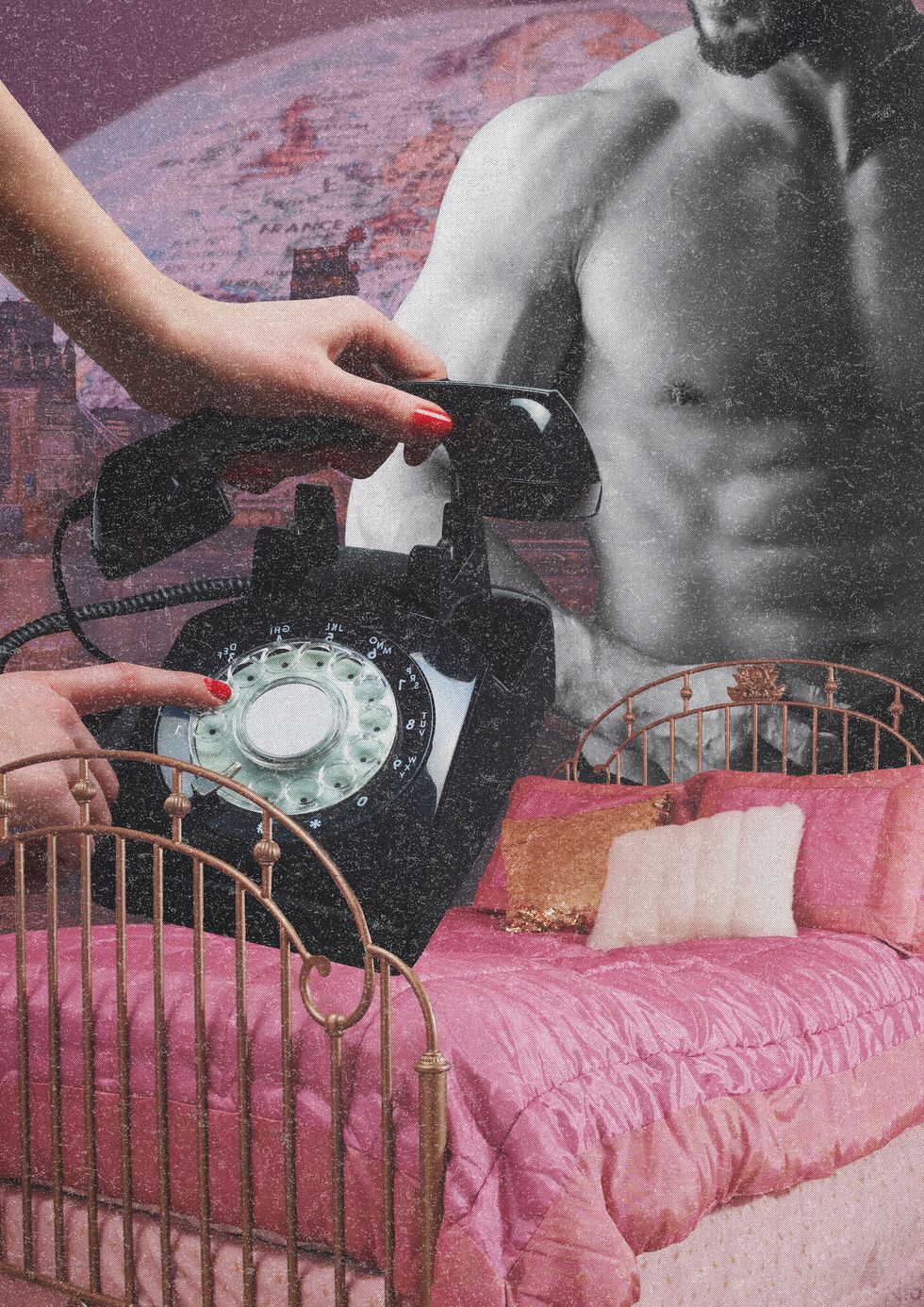 collage of a phone, a hand, a male torso and a pink bed