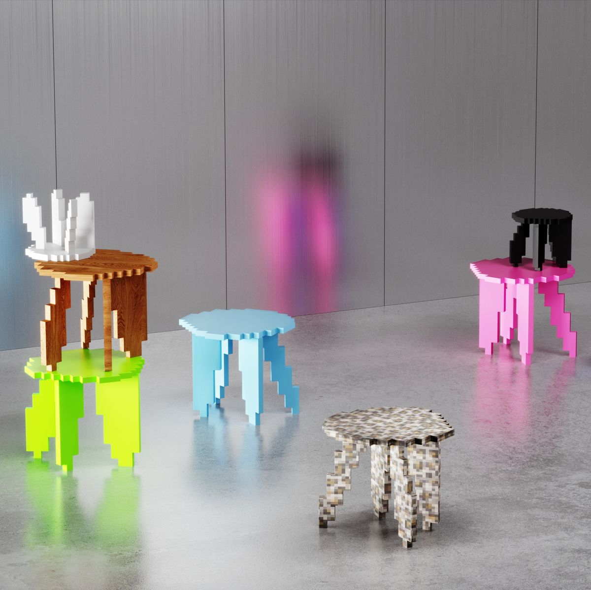 an empty room with colorful pixelated stools