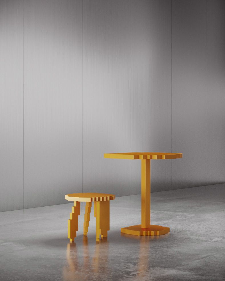 an orange pixelated stool and table