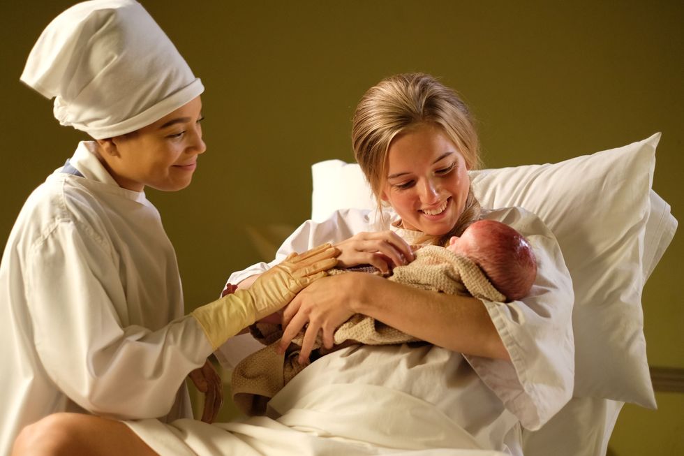 Nurse Lucille Andersen and a mother with a new baby on Call The Midwife